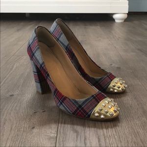 J. Crew Plaid Heels with toe studs